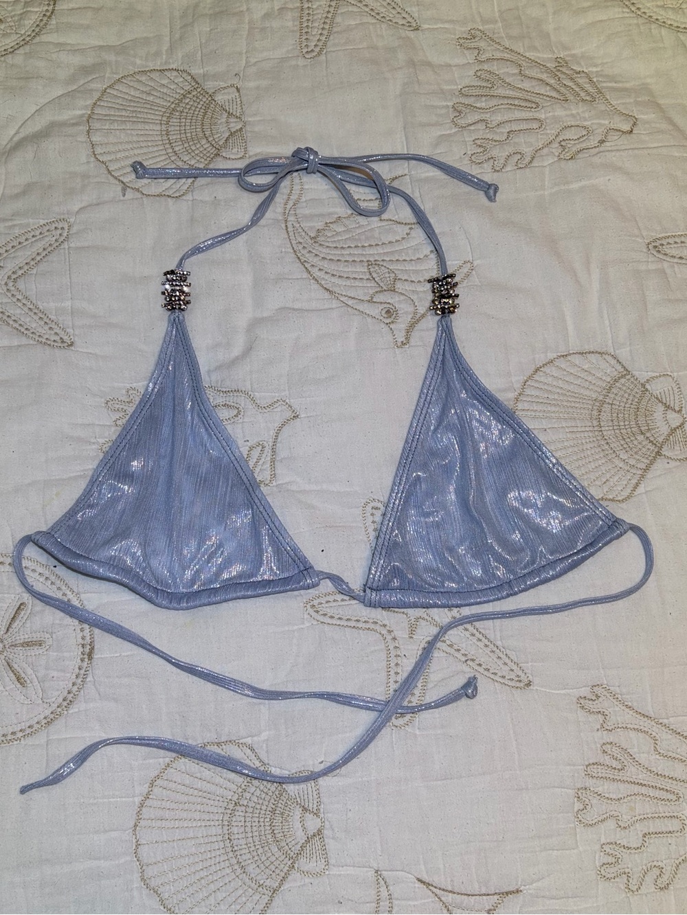 Shimmery Light Icy Blue Sliding Triangle String Bikini Top with Rhinestones. Med